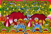 Handmade African abstract painting featuring two hippos surrounded by colorful flowers and green foliage, art for sale.