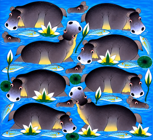 African painting of playful grey hippos swimming in bright blue water among colourful tropical fish, green lily pads, white and yellow water lilies, and aquatic plants, featuring bold outlines and vibrant East African folk-art style.