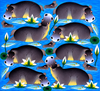 African painting of playful grey hippos swimming in bright blue water among colourful tropical fish, green lily pads, white and yellow water lilies, and aquatic plants, featuring bold outlines and vibrant East African folk-art style.