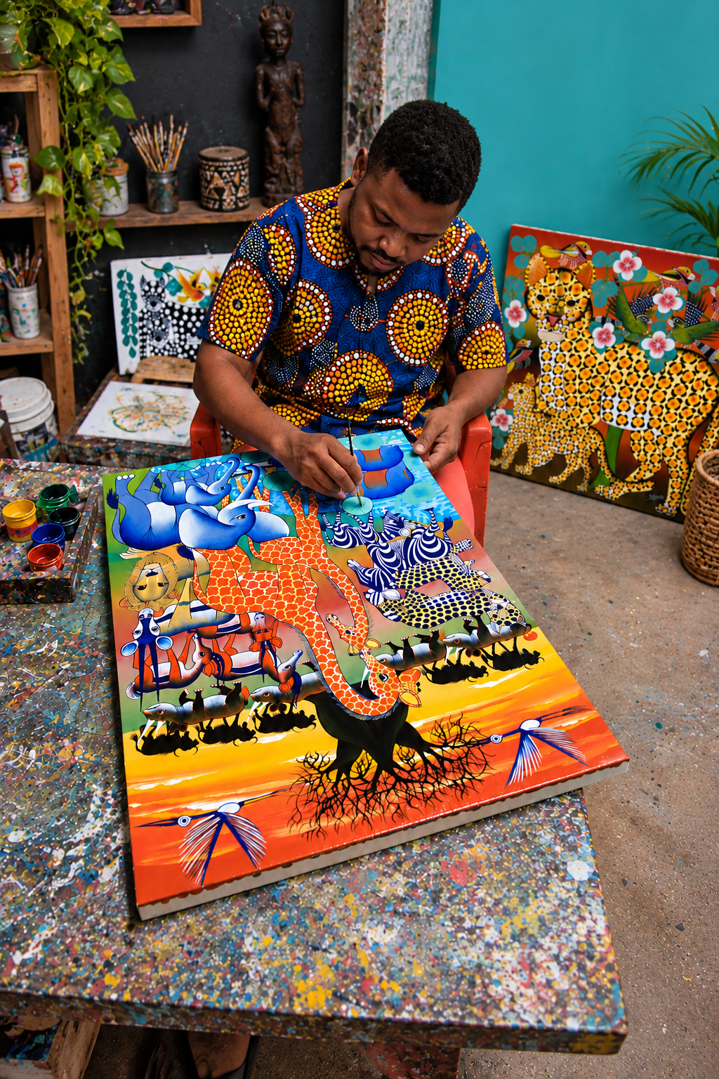African artist wearing a traditional African kitenge shirt while hand-painting a colourful African wildlife painting in his studio.