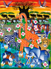 Handmade African painting with vibrant safari animals, tall giraffe, zebras, elephants, lions, and colorful flowers.