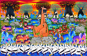 African wildlife painting featuring a giraffe surrounded by colourful African animals, including elephants, zebras, lions, and antelope, beneath baobab trees at sunset, with a flock of white birds gathered in blue water in the foreground. Vibrant Tanzanian African folk art with intricate details and bold colours.
