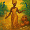 Oshun Yoruba goddess painting showing a graceful African woman in golden robes standing in flowing river water, surrounded by peacocks, gourds, and sacred vessels, symbolizing love, fertility, beauty, and abundance