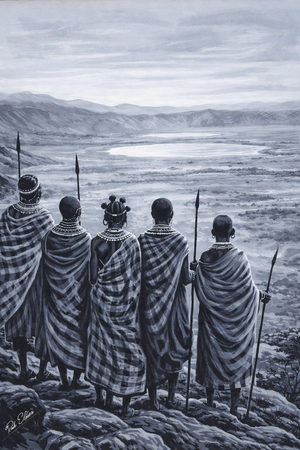 A black and white painting depicting five Maasai figures standing at the rim of Ngorongoro Crater, Tanzania, viewed from behind. They wear traditional draped shuka cloth and beaded jewelry, holding spears, gazing out over the vast crater landscape with a lake visible in the distance. 
