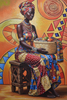 Handmade African painting of woman in colorful traditional dress holding basket, contemporary art for sale.