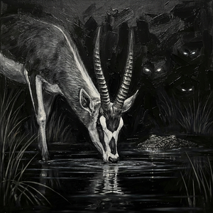 Black and white painting of an antelope drinking water from a pond with grass and foliage.