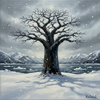 Painting of a solitary tree in a snowy landscape with mountains in the background
