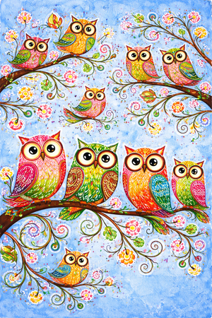 Colorful owls on branches with flowers against a blue background