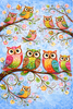 Colorful owls on branches with flowers against a blue background