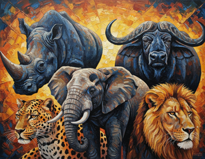 An african painting of the African Big Five—a lion, leopard, elephant, rhinoceros, and cape buffalo—grouped together in a tight, portrait-style composition. The animals are rendered in warm earthy tones with high detail on their textures and expressions.