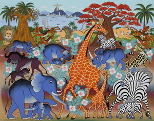 Hand-painted African art depicting elephants, giraffes, zebras, and lions in a colorful African landscape with Brazil’s Christ the Redeemer in the background, representing the shared history between Africa and Brazil.