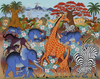 Hand-painted African art depicting elephants, giraffes, zebras, and lions in a colorful African landscape with Brazil’s Christ the Redeemer in the background, representing the shared history between Africa and Brazil.
