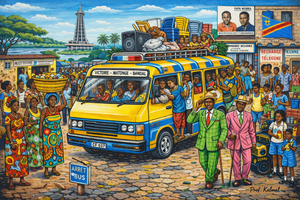 Limited edition painting by Prof. Kalmal depicting bustling Congolese street scene with yellow public bus, elegantly dressed Sapeur men in colorful suits, traditional vendors, and DRC flag in Kinshasa urban setting
