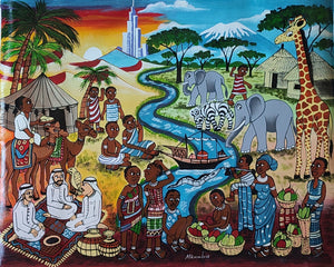 Colorful African painting of a diverse group of African people with animals and a river in the background. Painting integrates Dubai with African motifs