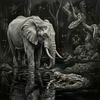 Elephant in a dark forest with a panther and crocodile