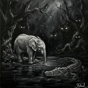 Black and white painting of an elephant and crocodile in a dark forest setting.