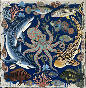 Colorful illustration of various sea creatures on a blue background