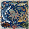 Colorful illustration of marine life including a shark, octopus, and various fish on a blue background.