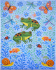 Colorful African painting of frogs, butterflies, dragonflies, and fish on a blue floral background