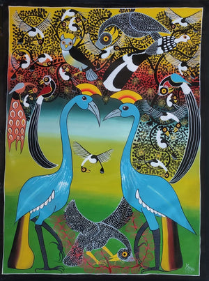 Colorful artwork of two blue birds with a stylized background