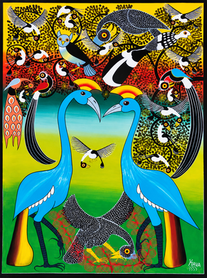 Original African painting of two blue cranes facing each other, surrounded by intricately patterned African birds and trees in vibrant yellow, orange, green, and black, signed by Kava.