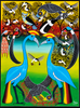 Original African painting of two blue cranes facing each other, surrounded by intricately patterned African birds and trees in vibrant yellow, orange, green, and black, signed by Kava.