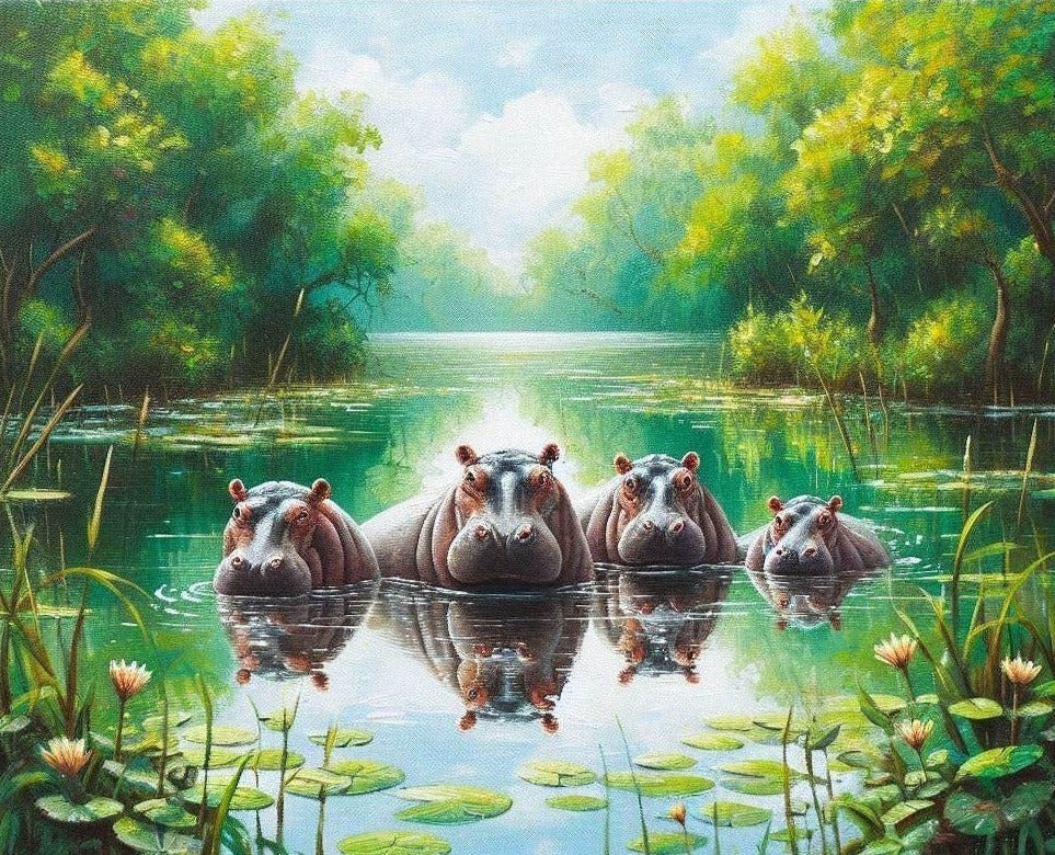 african painting of hippos in the lake