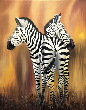 Handmade African painting of two zebras with bold black and white stripes against warm brown background, contemporary art.
