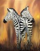 Handmade African painting of two zebras with bold black and white stripes against warm brown background, contemporary art.
