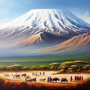 african painting of kilimanjaro and maasai