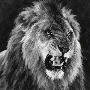 Black and white painted portrait of a roaring lion filling the frame against a dark textured background.