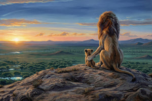 A painted scene of an adult lion sitting on a rocky outcrop with a lion cub beside it, overlooking a savanna landscape at sunset. The artwork shows a blue sky, warm orange light near the horizon, green vegetation, and distant hills.