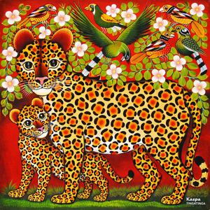 Colorful artwork of a leopard and cub with birds and flowers on a red background