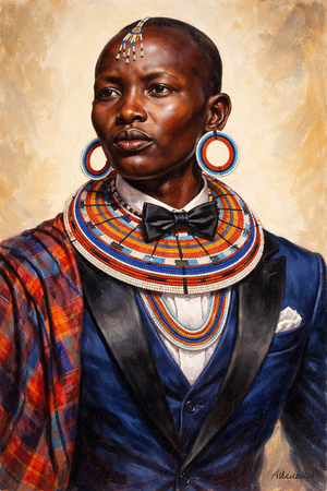 Hand-painted Maasai man in a tailored suit blending traditional beadwork with modern fashion, textured canvas with visible brushstrokes, contemporary African portrait art signed Kalmal.