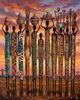 Artistic depiction of stylized Maasai with traditional attire against a sunset sky.