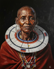 Handmade African painting of an elder wearing traditional beaded jewelry and red cloth, art for sale.