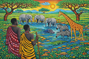 African painting showing Maasai elders observing elephants, zebras, and a giraffe at a watering hole in the colorful savanna.