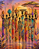 Colorful African artwork of women carrying pots with a sunset and tree background