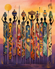 African painting of women holding pots against a colorful background