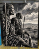 A black and white textured canvas painting depicting four Maasai warriors in profile with spears, wearing beaded necklaces and bracelets, set against a savanna landscape under a cloudy sky.