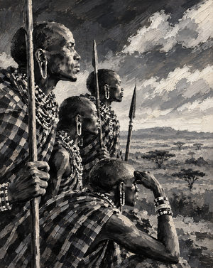 Black and white painting of four Maasai men looking out over a savanna landscape, holding spears and wearing traditional beaded necklaces and garments.