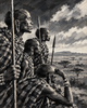 Black and white painting of four Maasai men looking out over a savanna landscape, holding spears and wearing traditional beaded necklaces and garments.