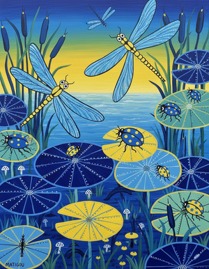 Colorful African painting of dragonflies and water lilies with a gradient background