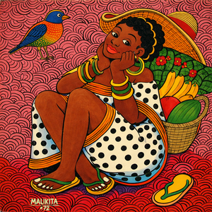 Hand-painted Tingatinga artwork from Tanzania depicting a seated African woman curled thoughtfully on a stool, wearing a white polka-dot dress with bold orange trim, surrounded by vibrant pink swirling patterns, a basket of fruit beside her, a small colorful bird nearby, and a single sandal on the ground, expressing calm, presence, and quiet joy.