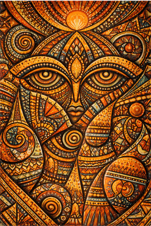 Decorative African design with intricate patterns and symbols in warm colors.