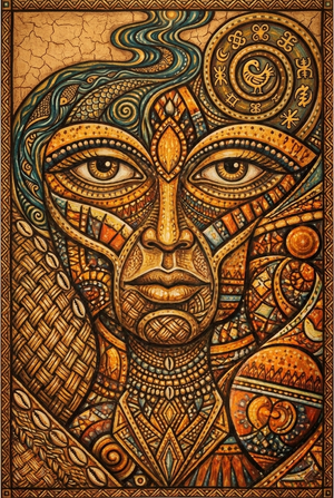 Artistic depiction of a face with intricate patterns and symbols, resembling an African civilization.