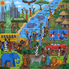 Illustration of a diverse community with various elements including Hollywood, animals, and people.