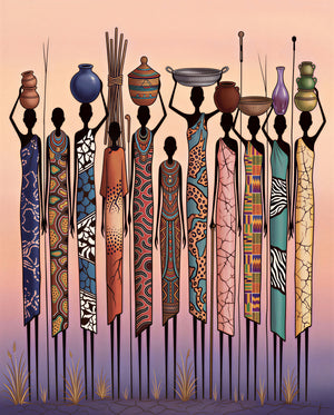 Artistic depiction of Maasai figures holding pots against a gradient background