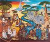 Colorful African painting of a diverse group of African people with animals and a river in the background. Painting integrates Dubai with African motifs
