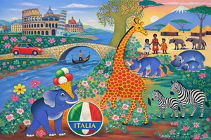 Colorful painting showing Italian landmarks including Colosseum and Leaning Tower of Pisa on left, African wildlife including giraffes, zebras and Mount Kilimanjaro on right